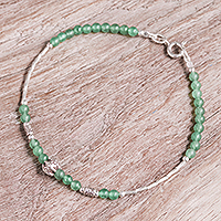 Quartz beaded charm bracelet, 'Round Beauty' - Thai Green Quartz & Silver Beaded Bracelet with Floral Charm