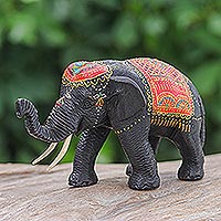 Wood sculpture, 'Vibrant Fortune' - Hand-Carved Wood Sculpture of Elephant with Red Tones
