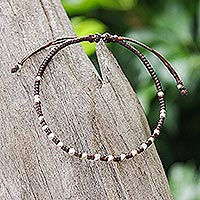 Silver beaded bracelet, 'Youthful Geometry' - Handcrafted Brown Adjustable Bracelet with Silver Beads