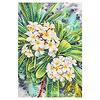 'White Frangipani III' - Stretched Impressionist Watercolor Painting of White Flowers