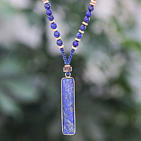 Lapis lazuli and hematite beaded pendant necklace, 'Altar to the Sage' - Lapis Lazuli Beaded Necklace with Faceted 9-Carat Pendant