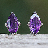 Amethyst button earrings, 'The Wise Marchioness' - Polished Button Earrings with Marquise-Shaped Amethyst Gems