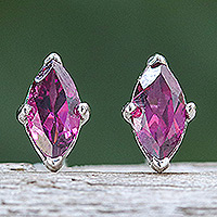 Rhodolite button earrings, 'The Eternal Marchioness' - Polished Button Earrings with Marquise-Shaped Rhodolite Gems
