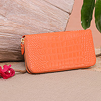 Leather wristlet wallet, 'Pumpkin Safari' - Alligator Print Pumpkin Leather Wristlet Wallet with Strap