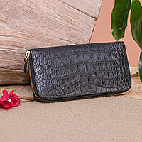 Leather wristlet wallet, 'Dark Safari' - Alligator Print Black Leather Wristlet Wallet with Strap