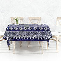Cotton batik tablecloth, 'Ceremonial Splendor' - Handcrafted Cotton Tablecloth with Batik Motifs in Blue