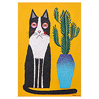 'Bored Cat and Cactus' - Naif Painting of Cat and Cactus with Yellow Background