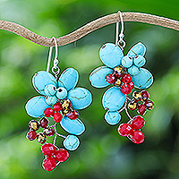 Howlite and glass beaded cluster dangle earrings, 'Summer Blossoming' - Floral Howlite and Glass Beaded Cluster Dangle Earrings
