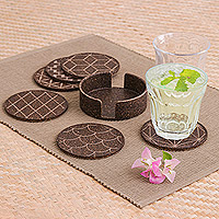 Recycled rice husk bio-composite coasters, 'Espresso Inventions' (set of 6) - Set of 6 Espresso Recycled Rice Husk Bio-Composite Coasters