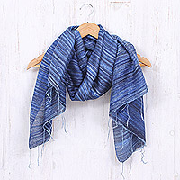 Silk shawl, 'Bold Azure' - Handloomed Striped Blue and Azure Silk Shawl with Fringes