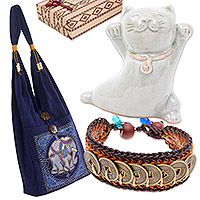 Curated gift box, 'Count Your Blessings' - Cotton Bag Brass Bracelet Ceramic Figurine Curated Gift Set