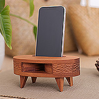 Wood phone speaker, 'Oval Traces' - Hand-Carved Oval Teak Wood Phone Speaker from Thailand