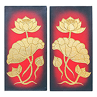 'Lotus Leaf' (diptych) - Acrylic and Foil Thai Folk Art Diptych with Lotus Motif