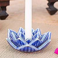 Celadon ceramic candle holder, 'Lotus Flower in Blue' - Blue Celadon Ceramic Candle Holder Handmade in Thailand