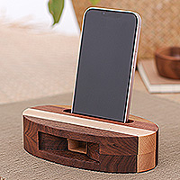 Wood phone speaker, 'Vivacious Sound' - Hand-Carved Oval Brown Walnut and Maple Wood Phone Speaker