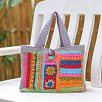 Crocheted handbag, 'Multicolored Splendor' - Colorful Crocheted Handbag with Coconut Shell Button Closure