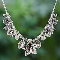 Silver beaded pendant necklace, 'Exuberant Bouquet' - Thai Floral Hill Tribe 950 Silver Beaded Pendant Necklace