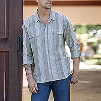 Men's cotton shirt, 'Carob Brown' - Men's Striped Carob Brown and White Cotton Collared Shirt