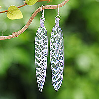 Handblown glass dangle earrings, 'Soul Leaf' - Handblown Leaf-Shaped Purple Glass Dangle Earrings