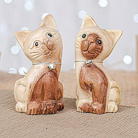 Wood figurines, 'Chiming Meows' (set of 2) - Set of 2 Cat Raintree Wood Figurines with Aluminum Bells