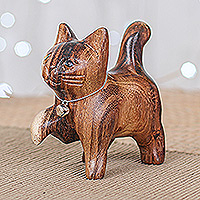 Wood figurine, 'Melodic Steps' - Hand-Carved Raintree Wood Happy Cat Figurine with Bell