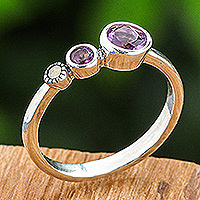 Amethyst and marcasite cocktail ring, 'Expressly Elegant' - Modern Amethyst and Marcasite Cocktail Ring from Thailand