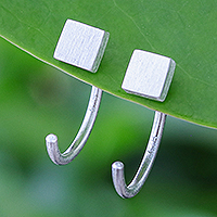 Sterling silver ear cuff earrings, 'Sole Square' - Minimalist Matte Square Sterling Silver Ear Cuff Earrings