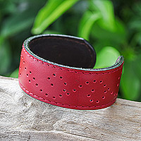 Leather cuff bracelet, 'Dotted Red' - Red Leather Cuff Bracelet with Dots Made in Thailand