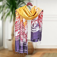 Silk batik shawl, 'Ocean Summer' - Silk Batik Shawl in Yellow and Purple Hues Made in Thailand