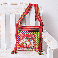 Traditional sling, 'Elephant's Majesty' - Classic Elephant-Themed Floral Red Sling made in Thailand