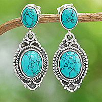 Sterling silver dangle earrings, 'Antique Lagoon' - Polished Classic Reconstituted Turquoise Dangle Earrings