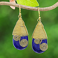 Magnesite and brass dangle earrings, 'Intuitive Swirls' - Polished Brass Dangle Earrings with Blue Magnesite Jewels