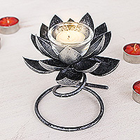 Steel and iron tealight holder, 'Lotus Flame' - Steel & Iron Lotus Flower Tealight Holder in Silver & Black