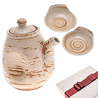 Curated gift set, 'Saucy Set' - Curated Gift Set with Ceramic Cruet and 2 Appetizer Bowls
