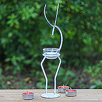 Iron tealight holder, 'Deer Splendor in Blue' - Iron Deer Tealight Holder in White and Blue from Thailand