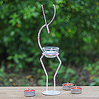Iron tealight holder, 'Deer Splendor in Red' - Iron Deer Tealight Holder in White and Red from Thailand