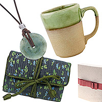 Curated gift set, 'Nature Lover' - Curated Gift Set with Jade Necklace Jewelry Roll and Mug