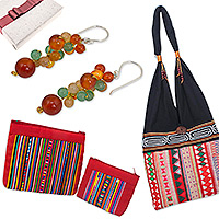 Curated gift set, 'Something Red' - Earrings Cosmetic and Shoulder Bags 4-Item Curated Gift Set