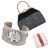 Curated gift set, 'Lucky Night Out' - Silk Bag and Sterling Silver Bracelet Curated Gift Set