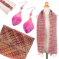Curated gift set, 'Organic Vibrancy' - Curated Gift Set with Earrings Clutch and Scarf from Bali