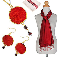 Curated gift set, 'Fire Orchid' - Curated Gift Set with Necklace Earrings and Scarf in Red
