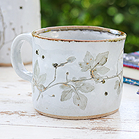 Ceramic cup, 'Thai Eden in White' - Crackled Finished Leafy White Ceramic Cup from Thailand
