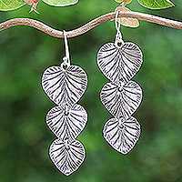 Silver dangle earrings, 'Romantic Foliage' - Oxidized Heart-Shaped Leafy Silver Dangle Earrings
