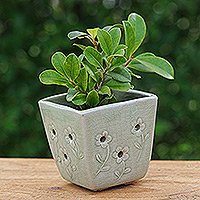 Celadon ceramic mini flower pot, 'Green Little Garden' - Celadon Ceramic Mini Planter with Floral Motif in Green