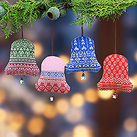 Cotton ornaments, 'Yok Dok Holidays' (set of 4) - Set of 4 Handcrafted Colorful Yok Dok Bell Cotton Ornaments