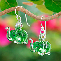 Handblown glass dangle earrings, 'Elephant Vitality' - Handblown Striped Green Glass Elephant Dangle Earrings