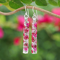 Handblown glass dangle earrings, 'Pink Stick' - Modern Handblown Glass Stick Dangle Earrings in Pink Hues