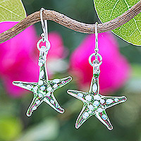 Handblown glass dangle earrings, 'Green Starfish' - Green & White Handblown Glass Starfish Dangle Earrings