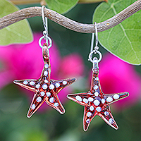 Handblown glass dangle earrings, 'Crimson Starfish' - Red and White Handblown Glass Starfish Dangle Earrings