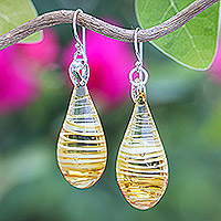 Handblown glass dangle earrings, 'Dew Drop in Yellow' - Handblown Glass Dangle Earrings with Yellow & White Spirals
